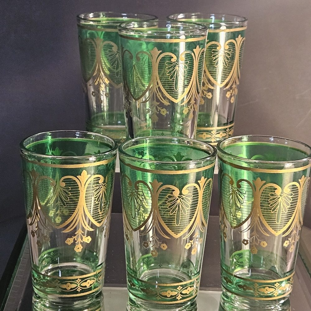 6 Vintage Mid Century Green Gold Guild Filigree Juice Glasses France 3.75”